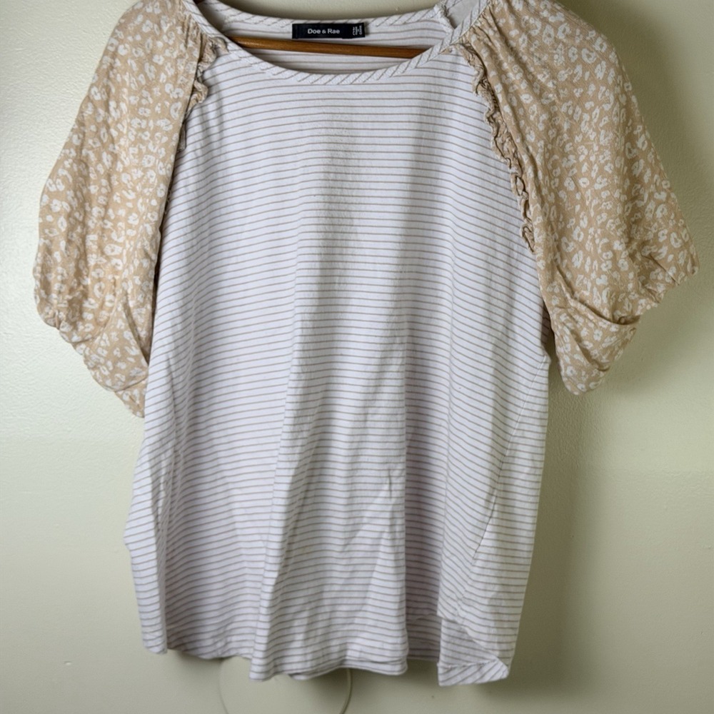 Doe And Rae Cotton Puff Sleeve Top Womens XL Striped Leopard Print